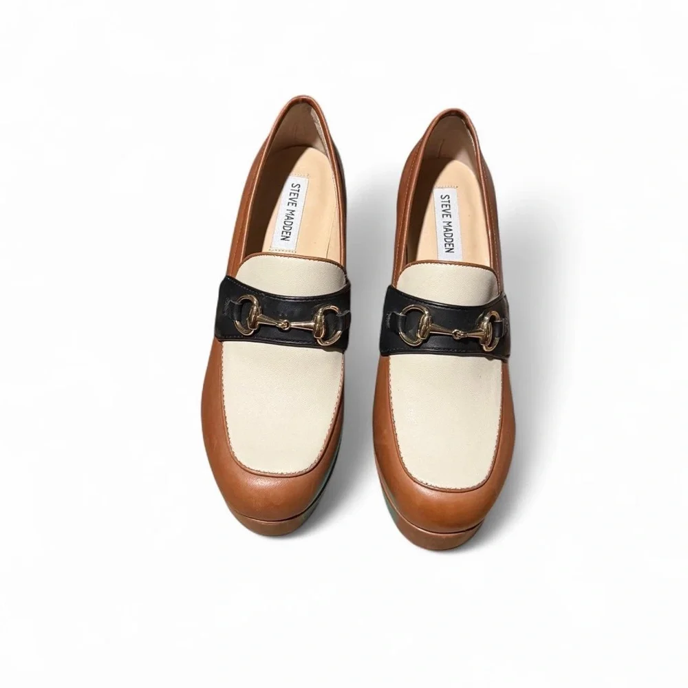 Steve Madden Tan, Cream, and Black platform loafer heels - Picture 2 of 5
